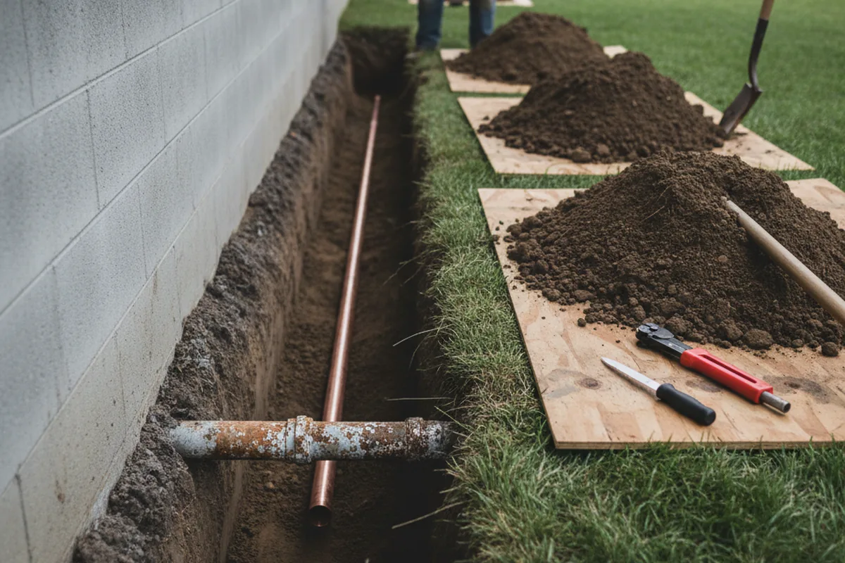 Excavated water line trench during Water Softener Installation in Latham